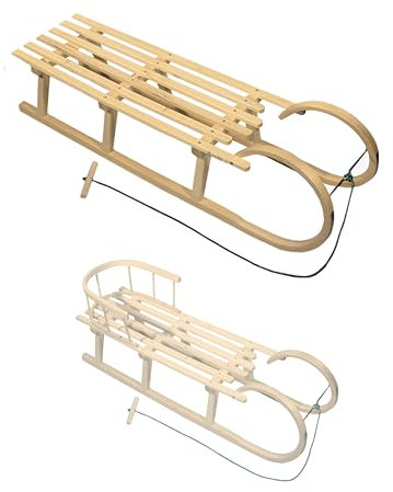Slittino per corna [slitta in legno] a scelta con schienale, fune di trazione in acciaio, 120 cm, legno di faggio massiccio, 2 persone (senza schienale)