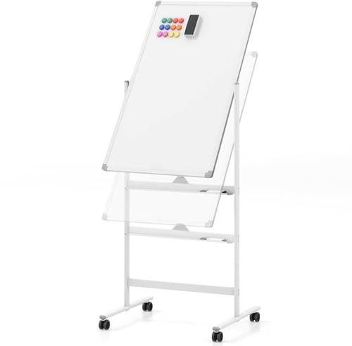 FANTASK Doppelseitiges mobiles Whiteboard, 60 x 100 cm, höhenverstellbares magnetisches Whiteboard mit Rollen, Ständer und Stiftablage, inkl. Zubehör für Schule, Büro, Zuhause (Weiß)