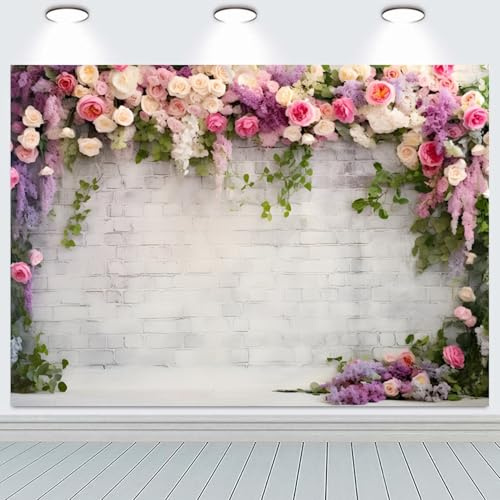 Hnmdmyi 3x2.4m Telón de Fondo para Bodas Rústico Blanco Pared de Ladrillo Flores Fotografía Fondo Ducha de Novia Boda Aniversario Fiesta Decoraciones Banner Photo Booth Props