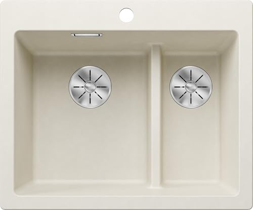 BLANCO PLEON 6 Split, Fregadero de granito de color blanco suave, instalación desde arriba, lavabo principal a la izquierda, para armarios inferiores de 60 cm de ancho, concepto dividido: barra bajada