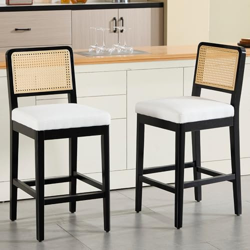 chairus 2er-Set Barhocker Holz, Retro Rattan-Rückenlehne, Leinen/Schwarz | Retro Barstuhl mit Leinenbezug, natürlicher Rattan-Rückenlehne und stabilem Holzgestell, mit Fußstütze, für Küche/Esszimmer