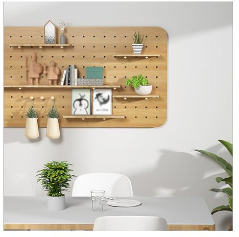Wooden Pegboard Wall nizer Panels, Modular Display Storage Hook Rack for Home Office Entryway, 16x24in, Versatile Wall-Mounted Storage Solution, Rustic Wood Finish.