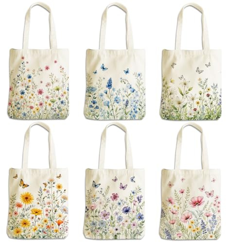 6 Pcs Aesthetic Flower Butterfly Gifts Plant Lover Gifts for Women Her Mom Friends Girls Canvas Tote Bag, Reusable Grocery Bags with Inner Pocket for Shopping, Beach Christmas Birthday Thanksgiving