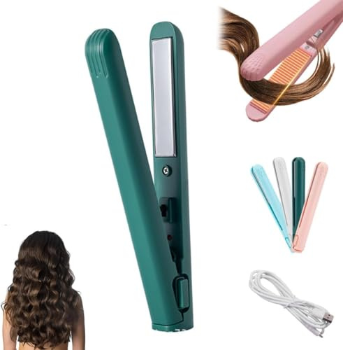Mini Lockenstab mit Doppeltem Verwendungszweck, Minis Lockenstab für Kurze Haare, Lemateek Mini Flat Iron for Short Hair, 1/2 Inch Ceramic Plates, Fast, Glätteisen Kabellos für Alle Haartypen (Grün)