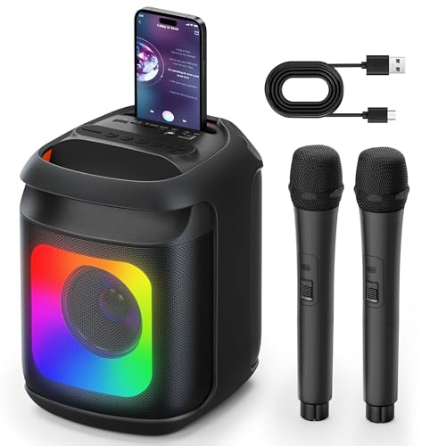 Machine de karaoké 2 microphones : machine de karaoké portable pour adulte et enfant – Haut-parleur de karaoké Bluetooth et microphone sans fil pour TV avec lumière LED – Système de karaoké à domicile