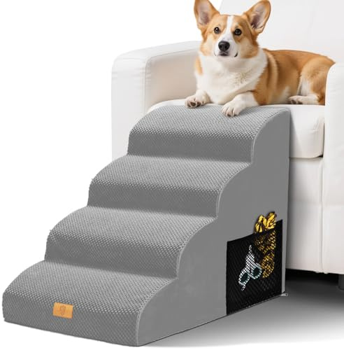 Thihome Dog Ramp for Sofa, 4-Steps Foam Dog Steps for Bed, Pet Steps for Indoor, Grey