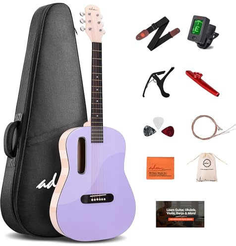 ADM Acoustic Guitar Kits for Beginners Adults - 38 Steel-String Guitars Bundle with Online Lesson Wooden Bowl Guitarra Starter Set Package with Bag, Strap, Picks, Capos, Kazoo, Purple