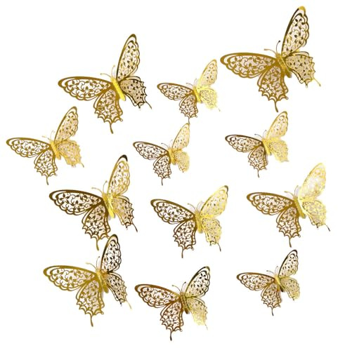 3D Butterfly Wall Stickers - Peel and Stick Reusable PVC Decals for Girls Room, Wedding, Birthday Party Decor (48-Pack) - Easy to Apply & Remove, No Residue (Gold)