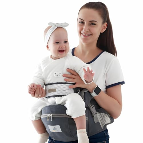 Wenbones Baby Hüftsitz, ergonomisch, mit Sicherheitsgurt, aus reiner Baumwolle, atmungsaktiv, 0-36 Monate (Dunkelgrau)