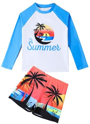 Yruioon Maillot De Bain Jungen Impression Cartoon Manches Longues Rashguard Tee Shirt De Bain avec Short Ensemble De Bain pour Enfants Protection UV Mode Baignade Combinaison Bleu 6-7 Ans