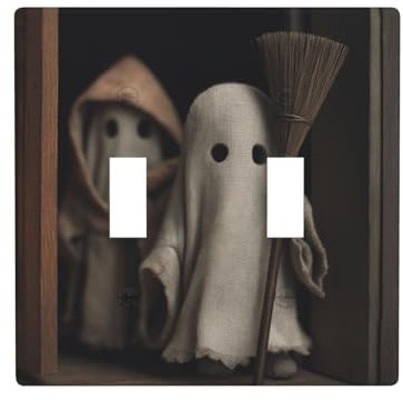 Ghost Holding A Broom Double Gang Toggle Light Cover Wall Plate Switch Decor Standard Size - 11.4x11.4cm