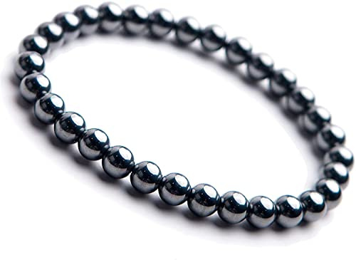 Pulsera elástica con cuentas redondas de hematita con ondas de terahercios naturales, 6 mm