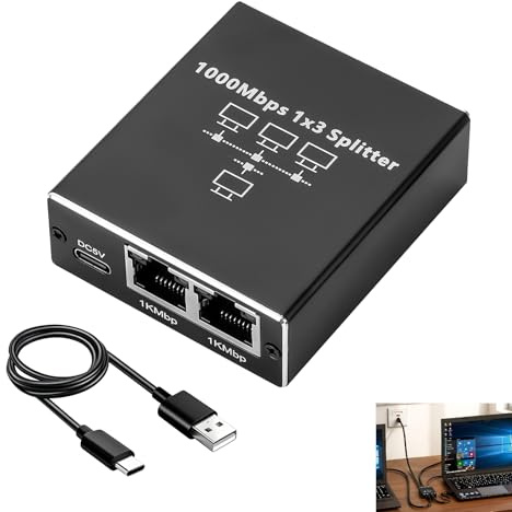 Switch Ethernet 3 porte RJ45 1000Mbps Splitter Ethernet 1 a 3, Splitter LAN Multiporta USB Alimentato, Adattatore di rete Gigabit, per PC, router, TV, decoder, compatibile Cat5 Cat6 Cat7 Cat8