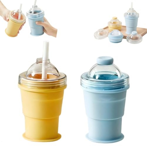 2 Piezas Vasos Silicona Molde Para Bolas Hielos FORMVERSITY, Vaso Hacer Bola Hielo Silicona Plegable 2 en 1 Vaso Plegable de Cubiteras para Hielo con Pajita, Molde Hielo Silicona Portatil para Cafe