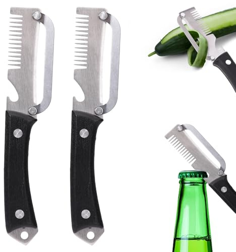 2Pzs Pelador Verduras Multifuncional, 3-en-1 Pelador Frutas Acero Inoxidable con Abrebotellas & Cortador Verduras Juliana Utensilios Cocina Herramienta para Pelar Patatas Manzanas Zanahorias