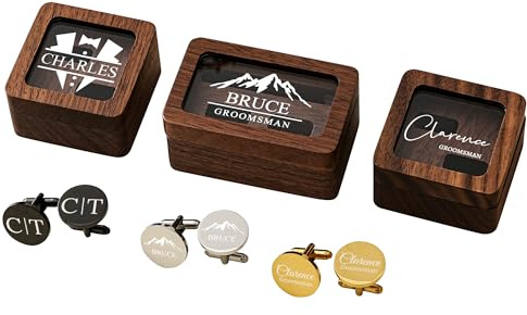 Set de Boutons de Manchette Gravés Personnalisés avec Boîte en Bois, Initiales Nom Date Personnalisable pour Homme, Cadeau Mariage Témoin Fête des Pères Noël Saint-Valentin Anniversaire Naissance
