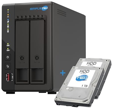 SIMPLETEK - Serveur de stockage NAS à 2 baies avec 2 disques durs 1 To - Quad-Core 2,0 GHz - 8 Go de RAM DDR4 intégrée - 2 emplacements M.2 NVMe - Double réseau 2,5 GbE