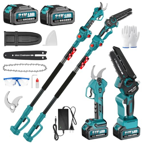 4-in-1 Akku Hochentaster kompatibel mit Makita Akku, Bürstenloser 6 Zoll Mini Kettensäge & 40mm Elektrische Gartenschere akku, 2x 4.0Ah, Max. Reichweite bis 4m für Garten Baumschnitt