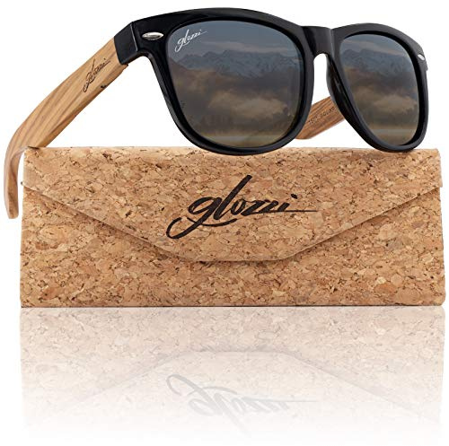 glozzi Sonnenbrille Herren und Damen Holz Polarisiert UV400 mit Holzbügeln und Brillenetui aus Kork