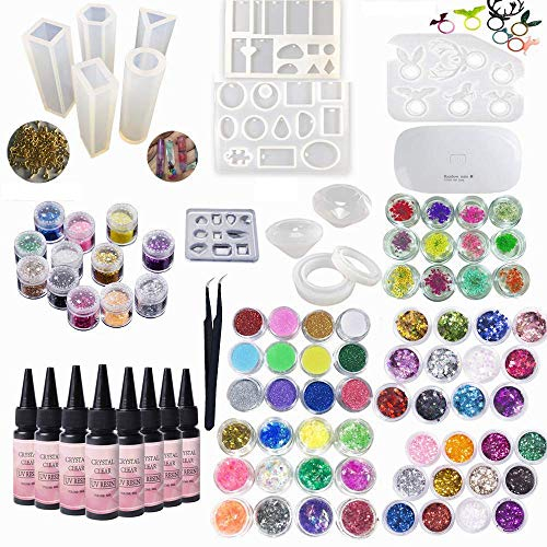 Klares UV-Epoxidharz Schmuckherstellung Kit mit Lampe & Formen & Glitter & Trockenblumen & Pinzette für Handwerk DIY Anhänger Ringe Ohrringe Armbänder Diamanten Schlüsselanhänger Halsketten Broschen