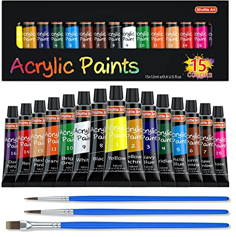 Shuttle Art 15 Colori Acrilici per Dipingere, 15X12ml Set Pittura con 3 Pennelli, Non Tossici Acrilici per Dipingere Ideali per Bambini Adulti, Acrylic Paint su Tela Legno Argilla Tessuto Ceramica