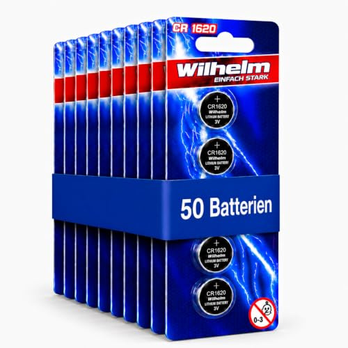 Wilhelm CR1620 Lithium Knopfzellen 3V 70mAh, ø16x2,0mm – 50 Stück