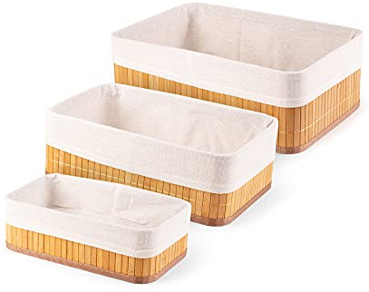Compactor Lot de 3 paniers de Rangement en Bambou avec poignées, Bambou Naturel, Doublure en Tissu, Grand 33 x 23 x 12 cm, Moyen 29 x 19 x 10 cm, Petit 25 x 15 x 8 cm, Brun, RAN10569