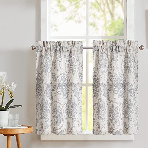 TOPICK Scheibengardine Blumen Bistrogardine 2er Set H60xB65 Grau Beige | Leinen Vorhang Bedruckt Bistrogardine Halb Transparent Gardine Schals Scheibengardinen Fensterschal Küche Wohnzimmer Landhaus