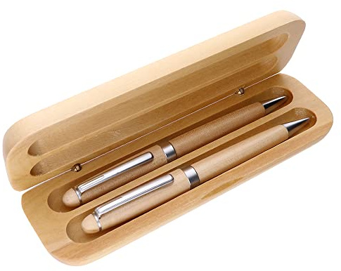 MPM Quality Holzkugelschreiber und Mikrobleistift in Bambus-Box, umweltfreundlich, elegant, Holz/Metall-Stift, Holz/Metall-Druckbleistift, Holzkiste, blaue Tinte