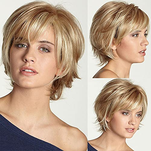 YXSHZ Kurzhaar-Perücke für Damen, blond, kurze Schicht, Naturhaar mit Pony, Kunsthaarperücke, hitzebeständig, volle Perücken