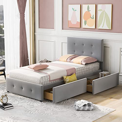 Merax 90 x 200 cm Einzelbett mit 2 Schublade, Lattenrost und Rückenlehne, Hautfreundlicher Samtstoff, Kinderbett Jugendbett Gästebett, Schlafzimmermöbel, Grau(ohne Matratze)