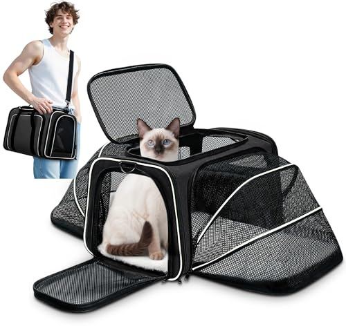 ALLSOPETS Erweiterbare Transporttasche für Katzen und kleine Hunde, Faltbare Weiche Haustiertasche mit 2 Seiten-Erweiterungen, Herausnehmbarem Fleece-Kissen und Taschen (Schwarz & Weiß)