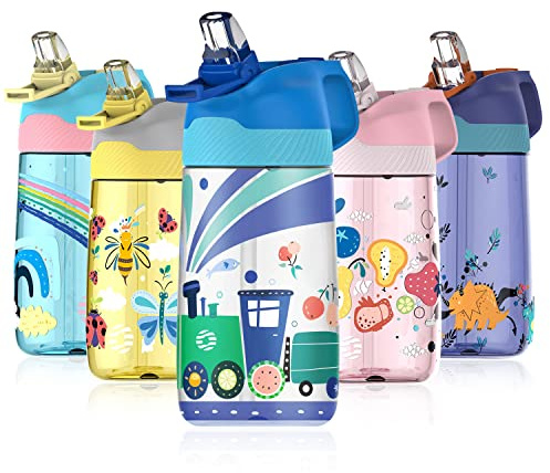 Fjbottle Borraccia per bambini con cannuccia, senza BPA, a prova di perdite, 450 ml, borraccia sportiva in Tritan ecologica per bambini, con coperchio a scatto