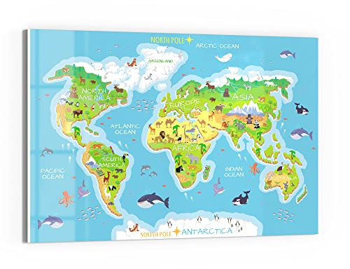 DEQORI Glas-Magnettafel | 90x60 cm groß | Motiv Kindgerechte Weltkarte | Memo-Board aus Glas | Magnetboard inkl. Magnete, Stift & Tuch für Küche & Büro | Tafel magnetisch & beschreibbar