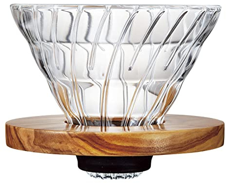 Hario VDGR-02-OV V60 Vidrio resistente al calor, transparente, gotero de café, madera de olivo, 02, goteo de café, para 1 a 4 tazas