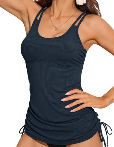 Charmo Womens Tankini Top with Built in Bra Swimming Costume Navy L