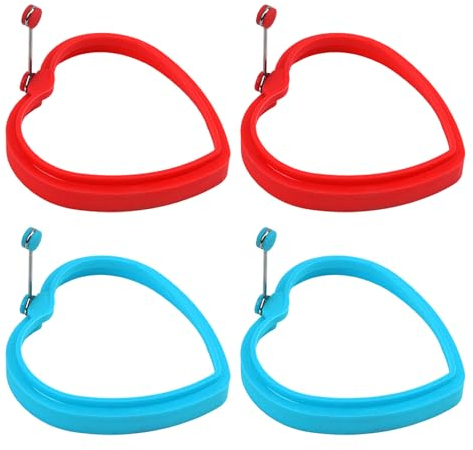 4 piezas de moldes de silicona en forma de corazón, herramientas para panqueques con asas giratorias de 360° resistentes al calor (azul, rojo)