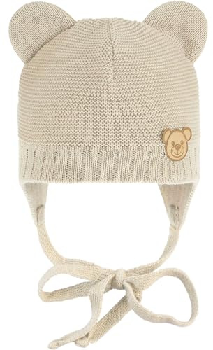 CiuchCiuch Baby Mütze Bär zum Binden mit Ohren - Wintermütze Erstlingsmütze Bindebänder - Acryl Baumwollfutter Neugeborenen 0-24 Monate - Ergonomische Zweilagige Strickmütze