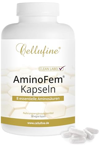 Cellufine® AminoFem® – 300 vegane Kapseln mit 8 essentiellen Aminosäuren nach Prof. Dr. Lucà-Moretti, ausgewogenes Aminosäuren-Profil, EAA Kapseln, vegan, nur 2 kcal pro Kapsel