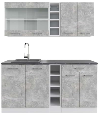 Vicco Singleküche R-Line, Beton/Weiß, 160 cm | 6 Module · Höhenverstellbare Füße · AP Anthrazit inkl. · Robuste Fronten · Mit offenen Regalen · Frei kombinierbar