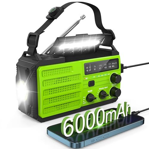 NOAA - Radio meteorologica di emergenza, 6000 mAh AM/FM/NOAA, radio con allarme meteorologico a manovella con caricatore solare, caricatore USB, torcia elettrica e lampada da lettura, jack per cuffie,