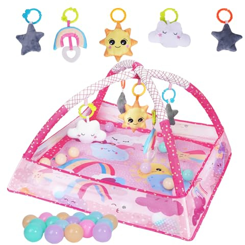 Sinbide Gimnasio De Juegos para Bebe, Manta de Actividades Musicales, con Juguetes para el Desarrollo Visual, Auditivo, Táctil, Gimnasio Bebe con Valla de Seguridad Desmontable (Rosa)