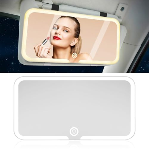 LED Car Vanity Mirror, Car Sun Visor Makeup Mirror with 3 Lights Modes & Dimmable Touch Control, Type-C Rechargeable Sun Visor Lights, Portable CarMirror Accessory with HD Touch on Screen for Women