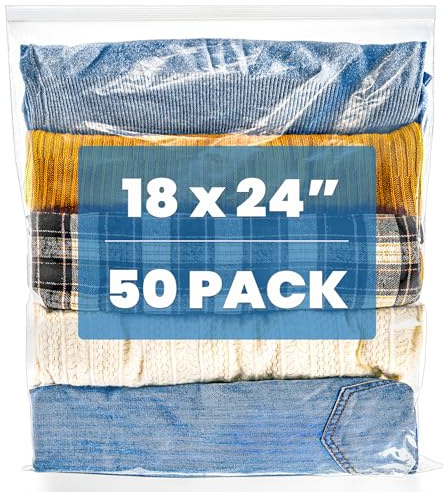 Elsjoy 50 Pack 60cm × 45cm Large Reclosable Storage Bags, 5 Gallon Resealable Zipper Plastic Bags for Clothes, Clear Reusable XL Zip Bags for Moving, Food, Clothing