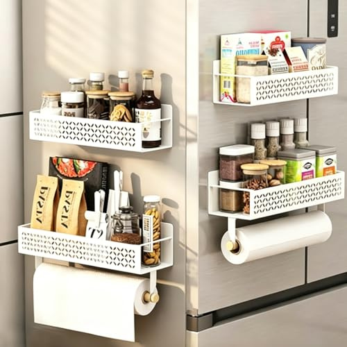 JIEHIN 4 Stück Gewürzregal Magnetisch für Kühlschrank Weiß, 2 Größen Magnetregal, Multifunktionaler Küchen Organizer für Gewürze und Küchenorganisation