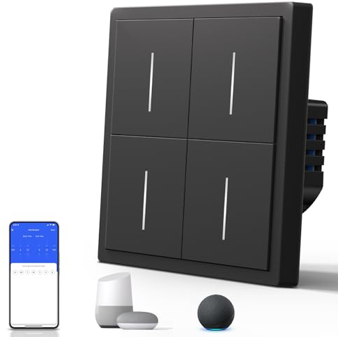 BSEED Smart Lichtschalter Matt, Wlan Schalter mit Kontrollleuchte, Wechselschalter Unterputz, S-Serie, 4 Fach 1 Weg, 86mm Schwarz