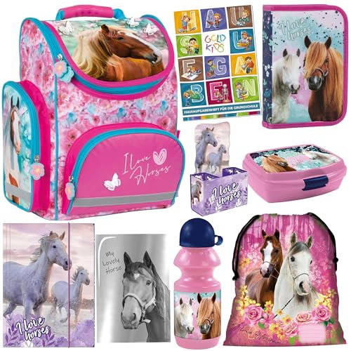 Goldkids - Schulranzen für Jungen und Mädchen, 9er-Set - Schul-Rucksack für Kinder mit Federmäppchen - Schuhbeutel Sammelmappe und Hausaufgabenheft - Pferd Motiv - 1-3 Klasse