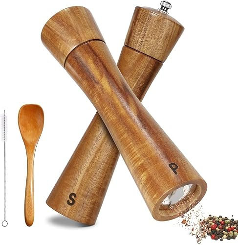 BEZORR Juego de 2 molinillos de sal y pimienta de madera de acacia, 20 cm, mecanismo de cerámica con cepillo de limpieza y cuchara para varios molinillos de especias, molinillo de sésamo