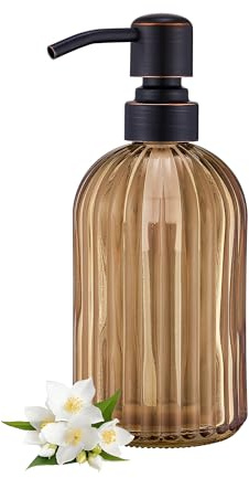 16 OZ Amber Glass Soap Dispenser, Amber Stripe Bathroom Hand Soap Dispensers with Stainless Steel Bronze Pump,Brown Glass Kitchen Hand Soap Dispenser with Oil Rubbed Bronze Pump