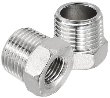 PATIKIL 304 Stainless Steel Reducer Hex Bushing 2 Pcs, 1/2 BSPT Male to 1/4 BSPT Female Pipe Reducing Adapter Fitting Connector for Water Gas Hydraulic Pipes Shower Hose, Silver